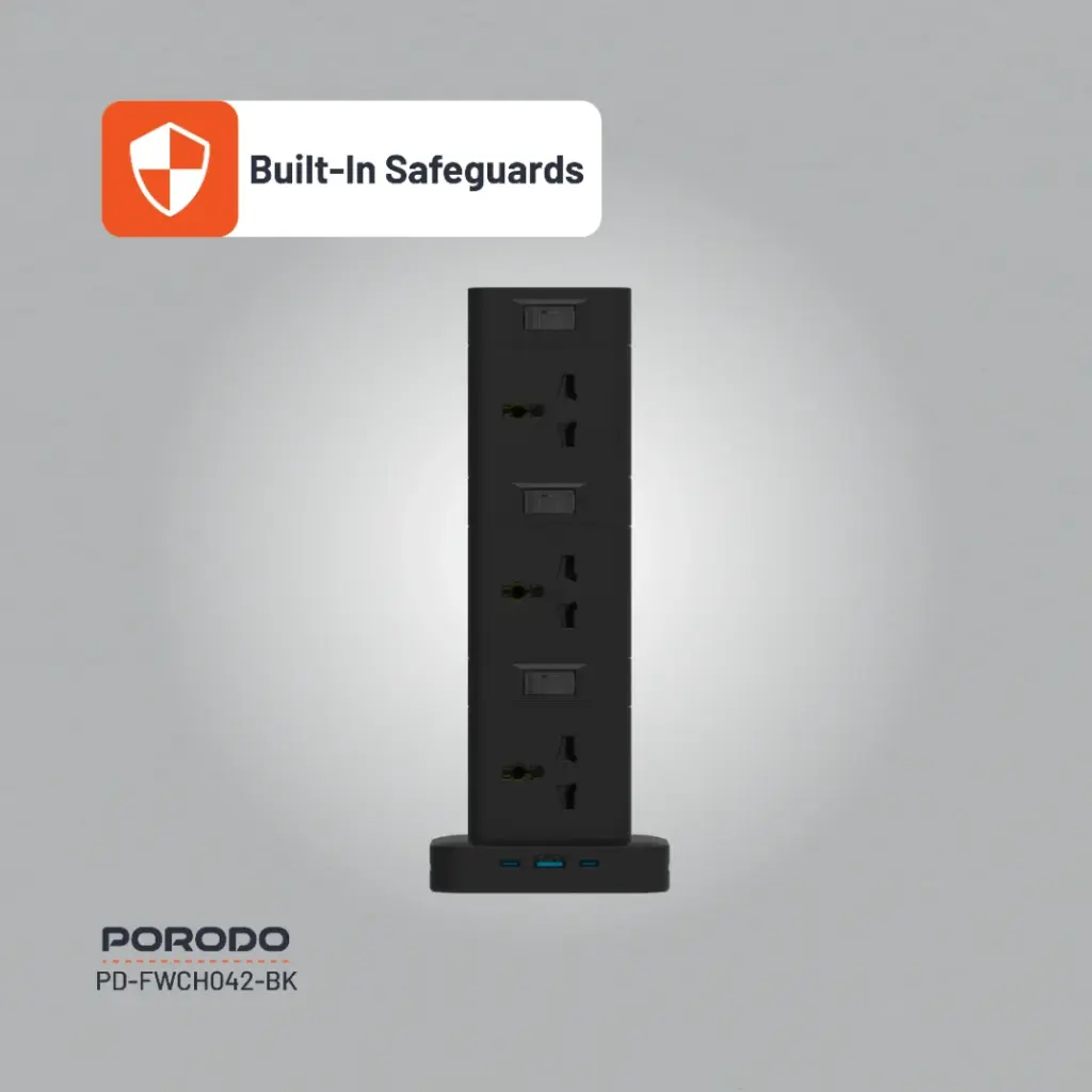 PORODO THREE STORY 12 AC POWER HUB USB C PD AND QUICK CHARE 3.0 PD20W BLACK PD-FWCH042-BK thumbnail 4