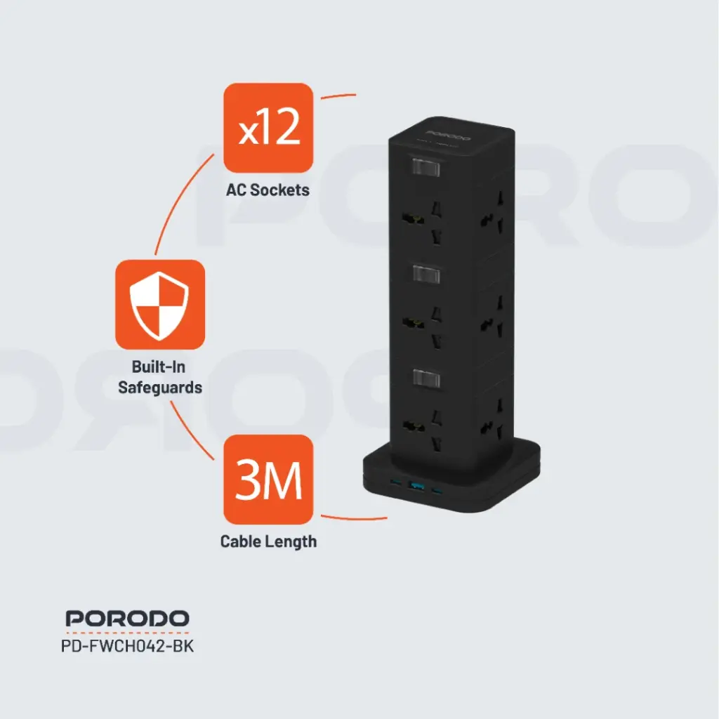 PORODO THREE STORY 12 AC POWER HUB USB C PD AND QUICK CHARE 3.0 PD20W BLACK PD-FWCH042-BK thumbnail 3