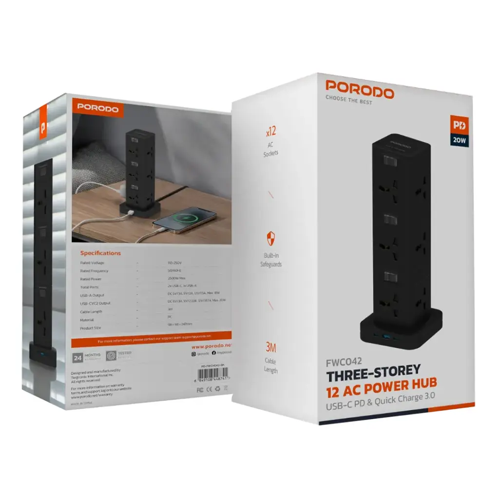 PORODO THREE STORY 12 AC POWER HUB USB C PD AND QUICK CHARE 3.0 PD20W BLACK PD-FWCH042-BK thumbnail 2