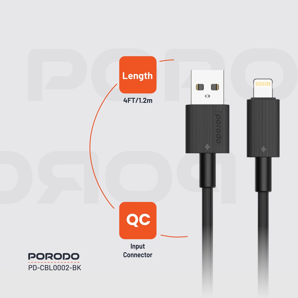 PORODO USB A TO LIGHTNING DURABLE CHARGING CABLE 1.2M BLACK PD-CBL0002-BK thumbnail 7
