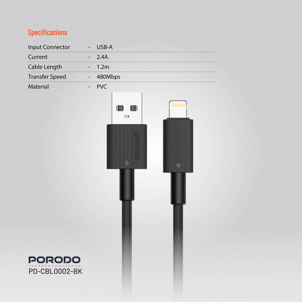 PORODO USB A TO LIGHTNING DURABLE CHARGING CABLE 1.2M BLACK PD-CBL0002-BK thumbnail 2
