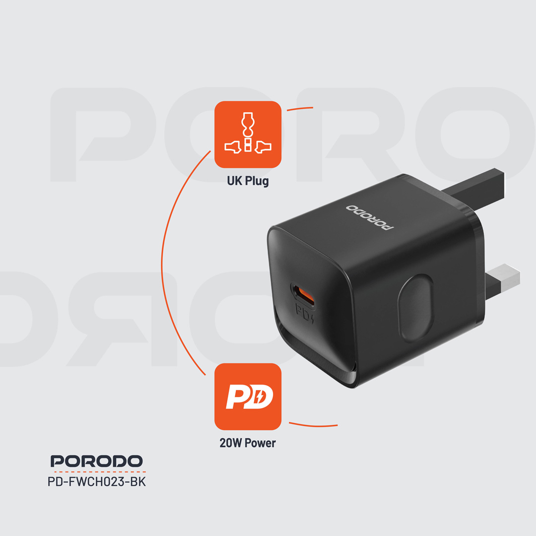 PORODO USB C TO USB C POWER DELIVERY WALL CHARGER 20W 1.2M BLACK PD-FWC023-C-BK thumbnail 4