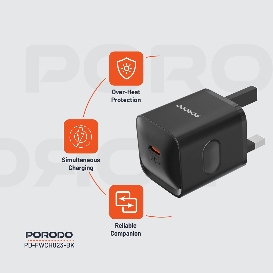 PORODO USB C TO USB C POWER DELIVERY WALL CHARGER 20W 1.2M BLACK PD-FWC023-C-BK thumbnail 3