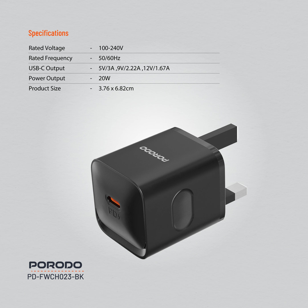 PORODO USB C TO USB C POWER DELIVERY WALL CHARGER 20W 1.2M BLACK PD-FWC023-C-BK thumbnail 10