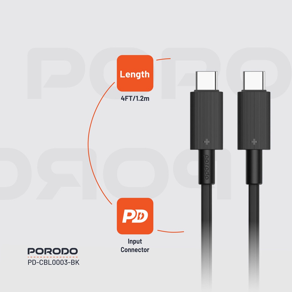 PORODO USB-C TO USB-C DURABLE CHARGING CABLE PD60W BLACK PDCBL0003BK thumbnail 7