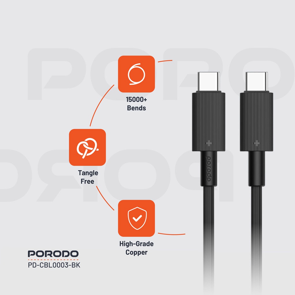 PORODO USB-C TO USB-C DURABLE CHARGING CABLE PD60W BLACK PDCBL0003BK thumbnail 3