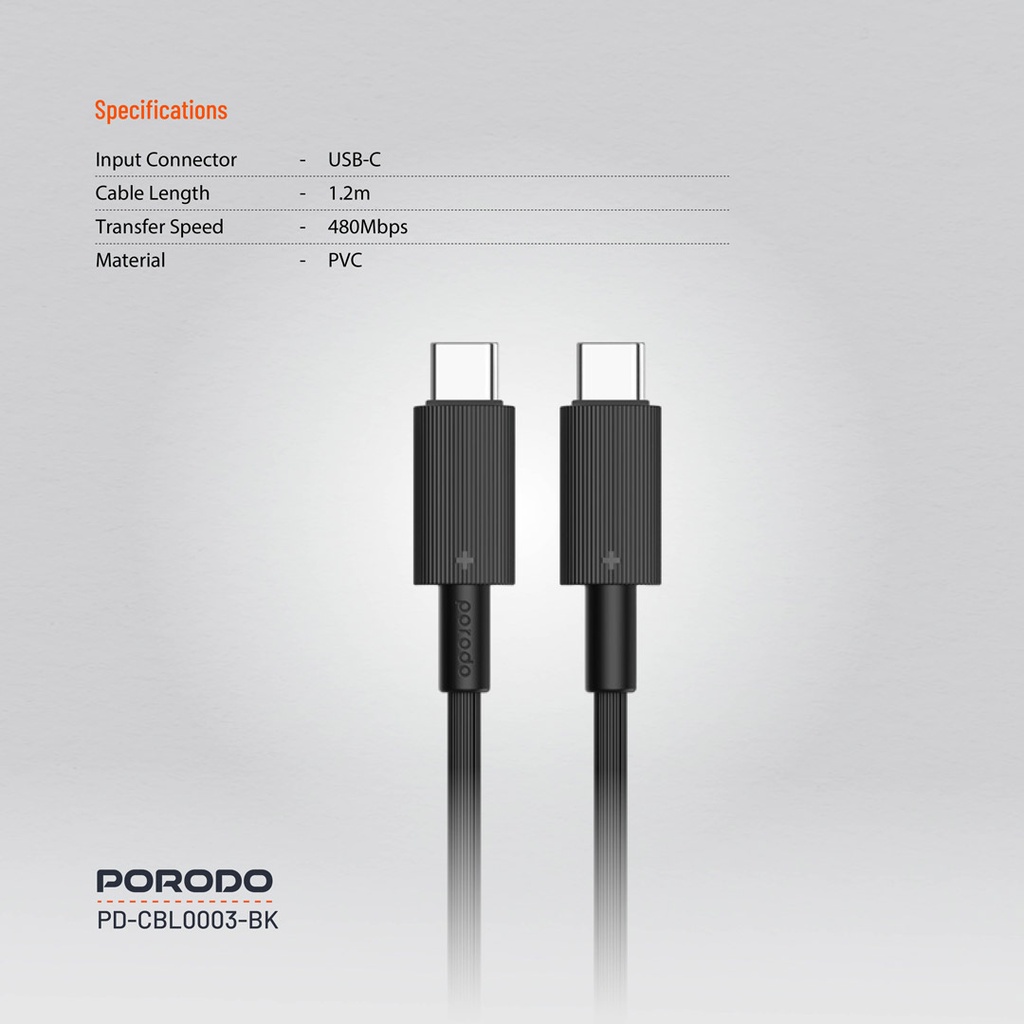 PORODO USB-C TO USB-C DURABLE CHARGING CABLE PD60W BLACK PDCBL0003BK thumbnail 2