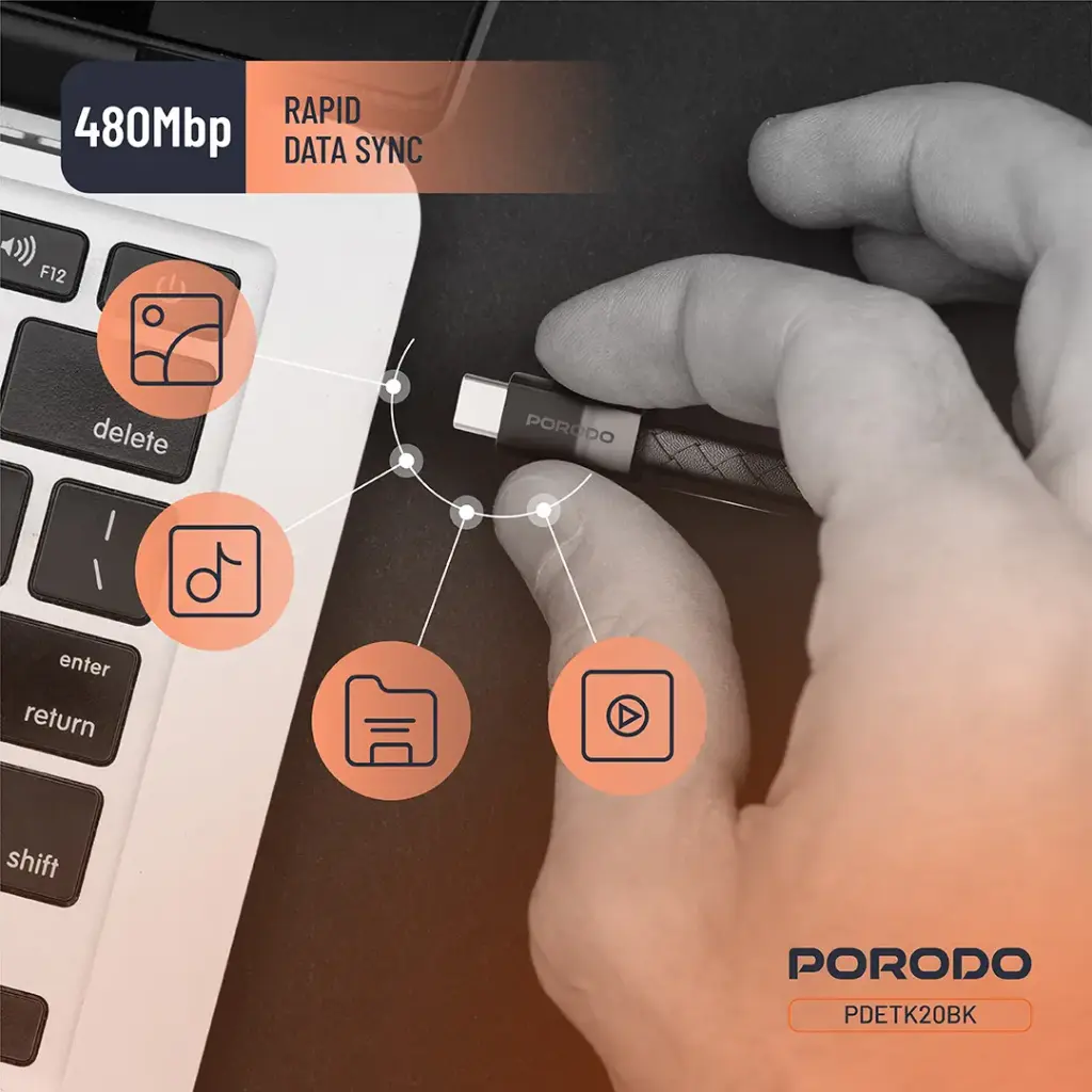PORODO PD60W USB C TO USB C WRISTBAND MAGNETIC STEEL CLASP CABLE BLACK PDETK20BK thumbnail 5