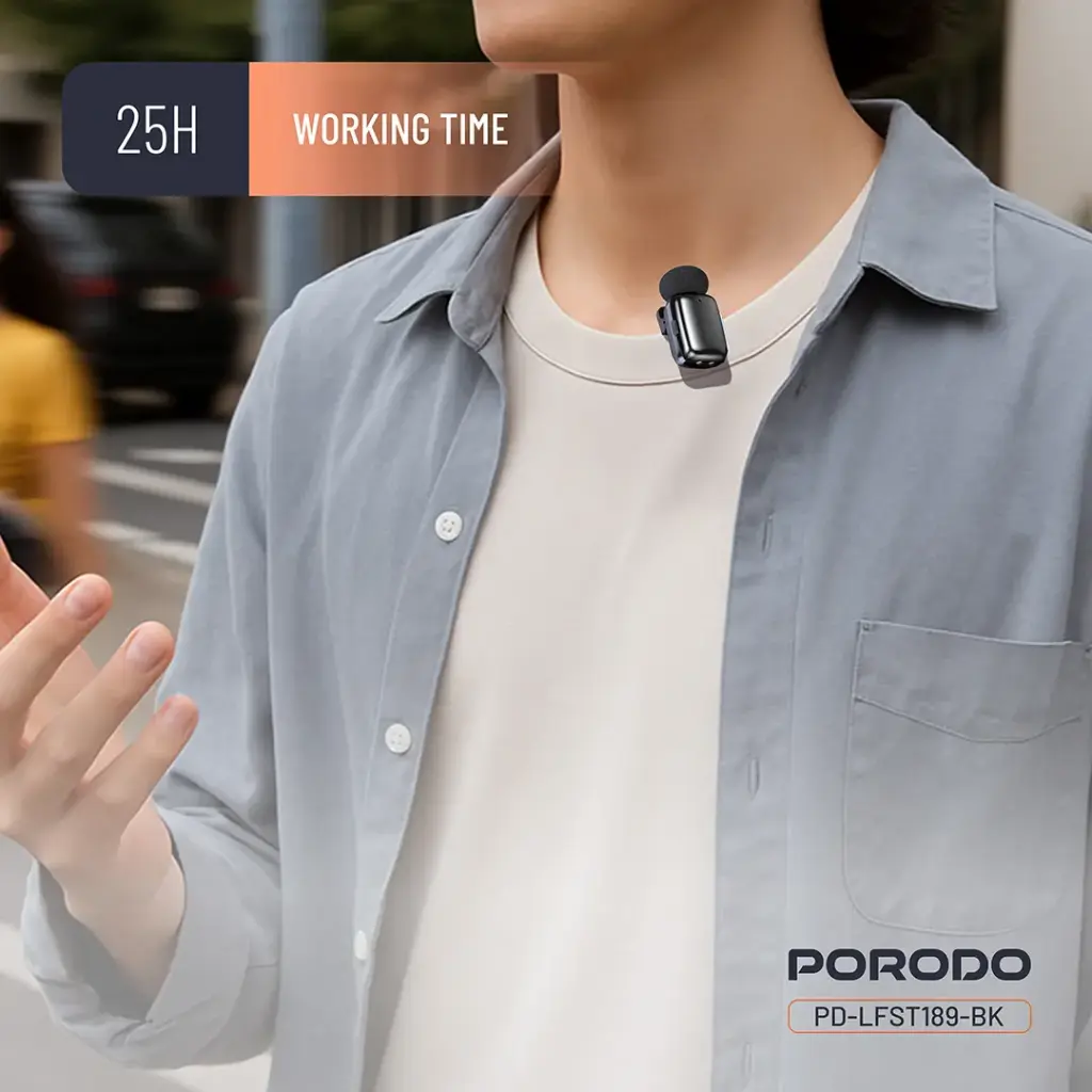 PORODO WIRELESS LAVALIER MICROPHONE LIGHTNING CONNECTOR NOISE REDUCTION BLACK PD-LFST189-BK thumbnail 4