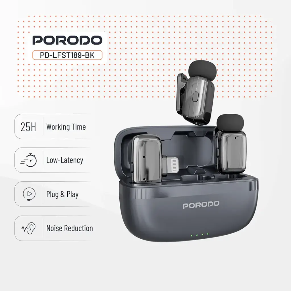 PORODO WIRELESS LAVALIER MICROPHONE LIGHTNING CONNECTOR NOISE REDUCTION BLACK PD-LFST189-BK thumbnail 3
