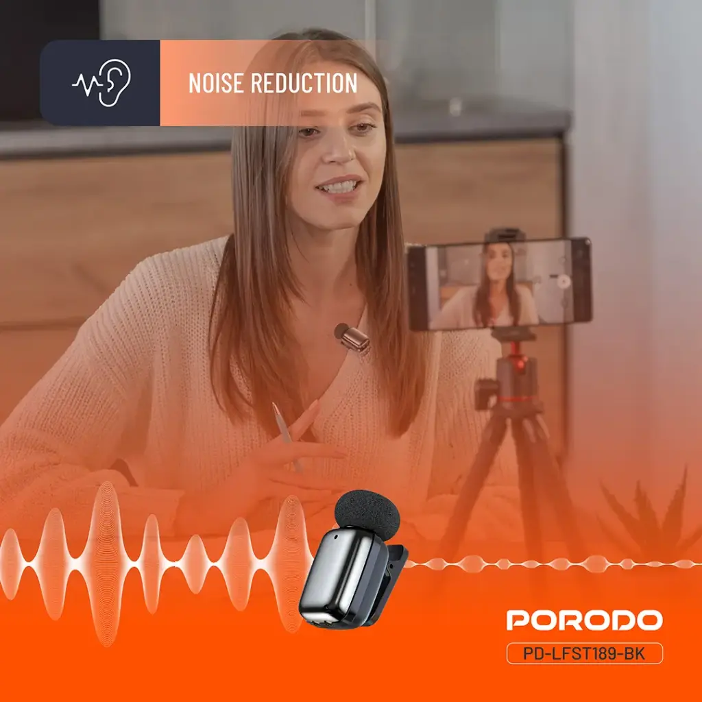 PORODO WIRELESS LAVALIER MICROPHONE USB C CONNECTOR NOISE REDUCTION BLACK PD-LFST189-BK thumbnail 7