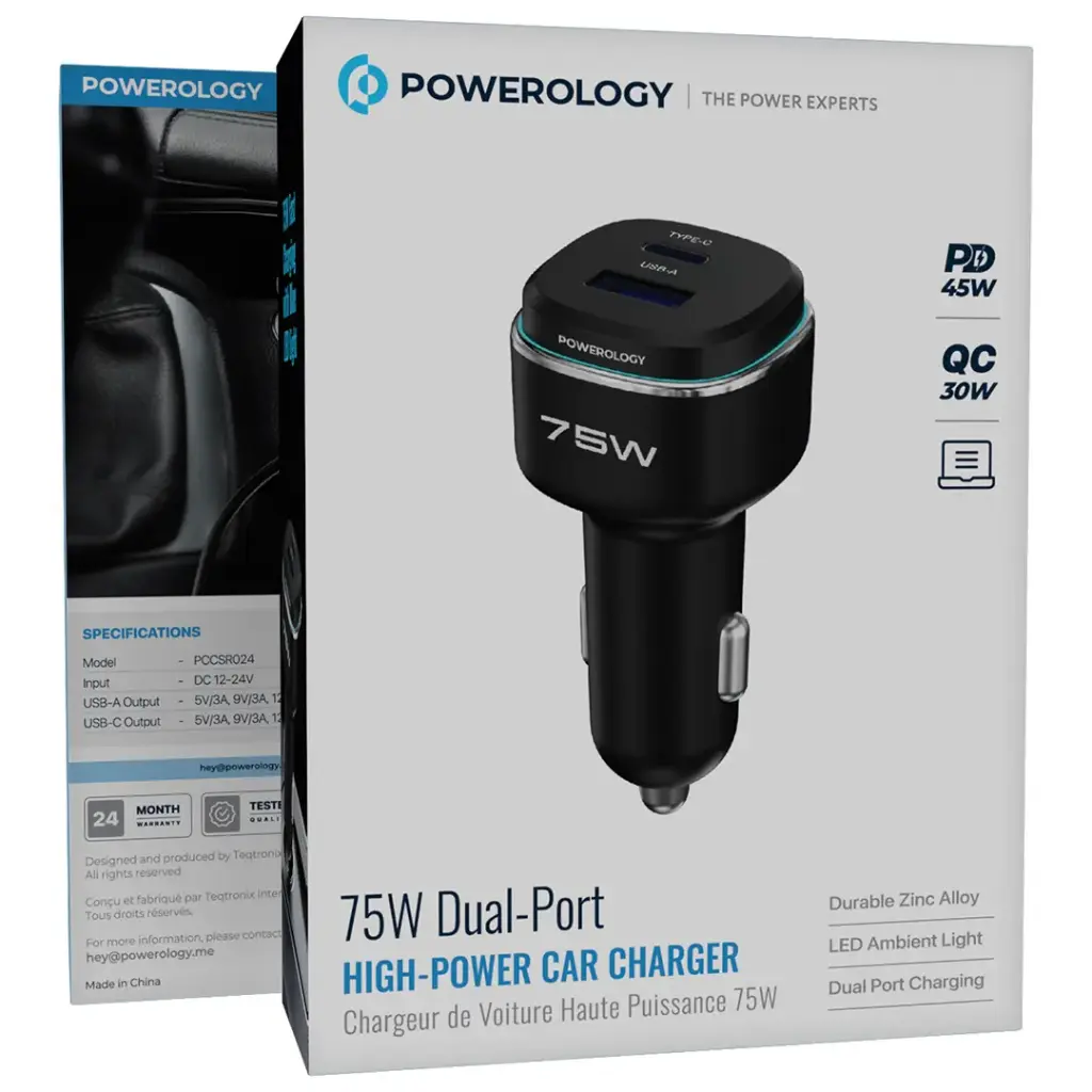 POWEROLOGY 75W DUAL PORT HIGH POWER CAR CHARGER WITH TYPE C CABLE BLACK/GRAY PCCSR024BKGYC thumbnail 2