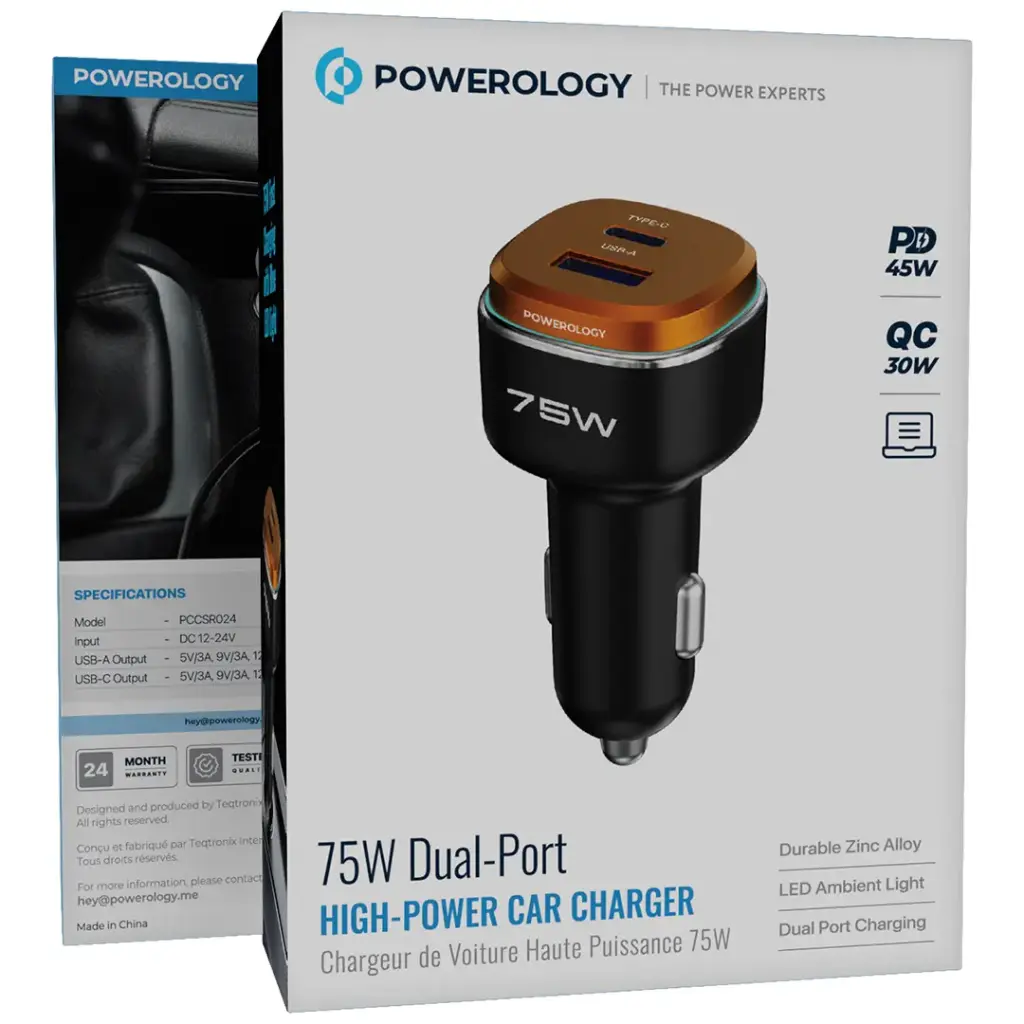 POWEROLOGY 75W DUAL PORT HIGH POWER CAR CHARGER WITH TYPE C CABLE BLACK/ORANGE PCCSR024BKOGC thumbnail 2