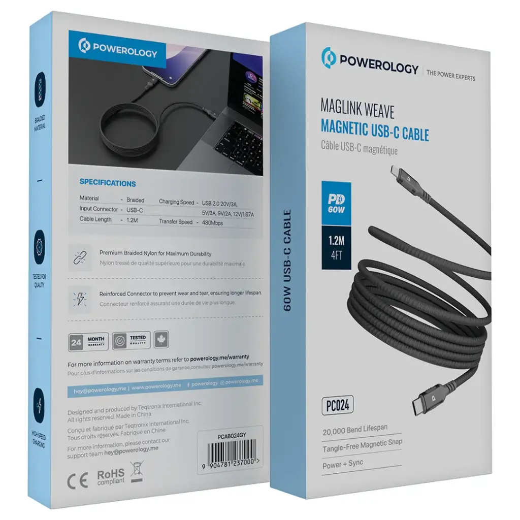 POWEROLOGY MAGLINK WEAVE MAGNETIC USB C CABLE 1.2M GRAY PCAB024GY thumbnail 3