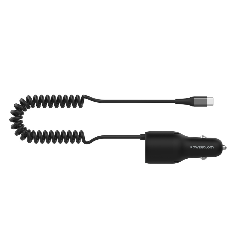 POWEROLOGY DUAL PORT QC 3.0 CAR CHARGER PD 100W WITH COILED CABLE BLACK PCCSR016 thumbnail 2