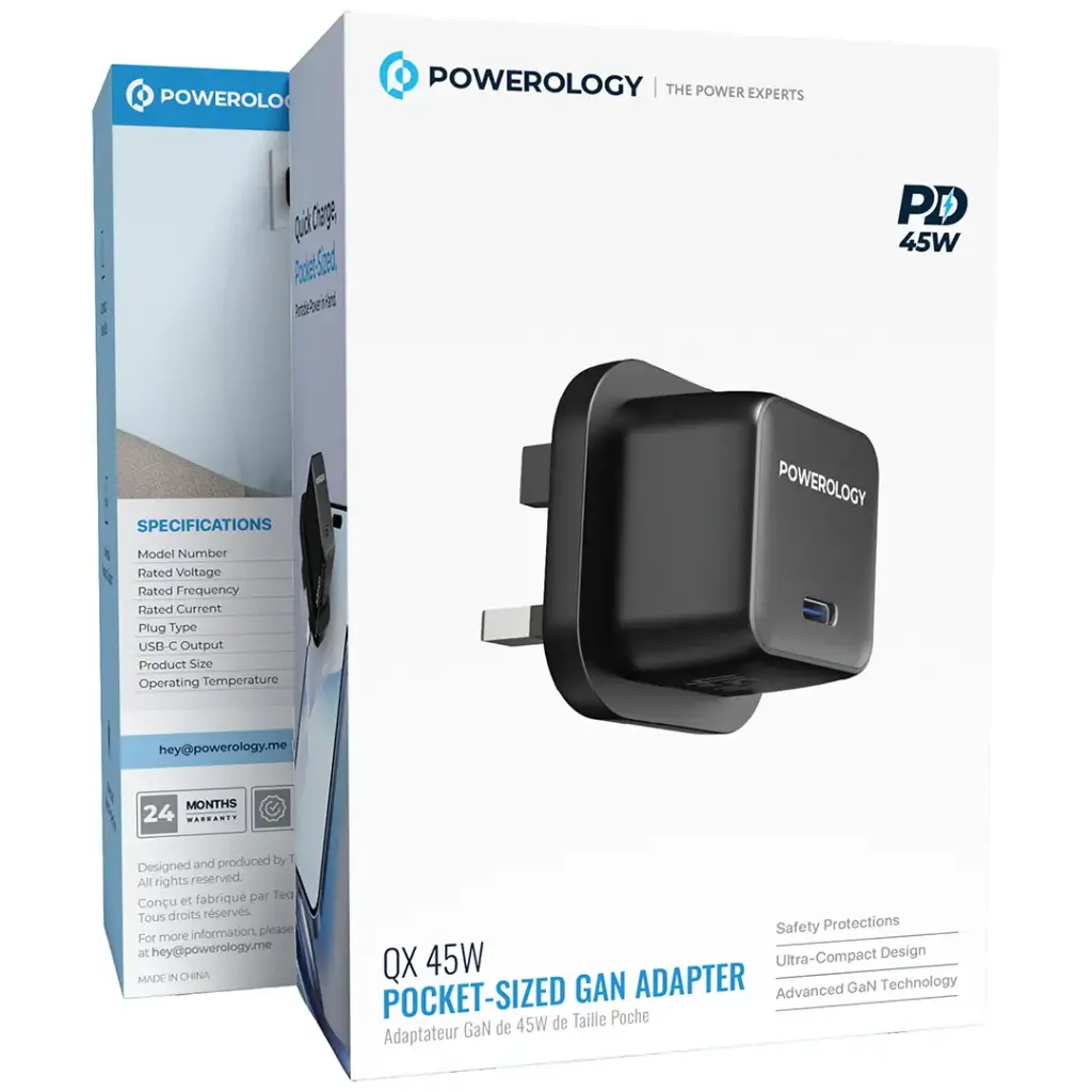 POWEROLOGY QX 45W POCKET SIZED GAN ADAPTER WITH TYPE C CABLE BLACK PWCUQC055BKC thumbnail 2