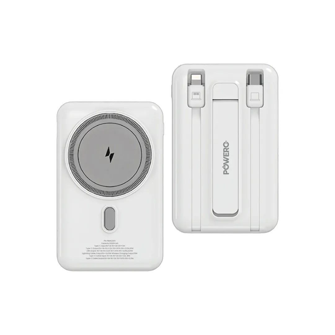 POWERO PLUS 22.5W 10000MAH MAG GRIP MAGSAFE POWERBANK WITH USB C AND LIGHTNING CABLE WHITE PR-PBMG220T-WH
