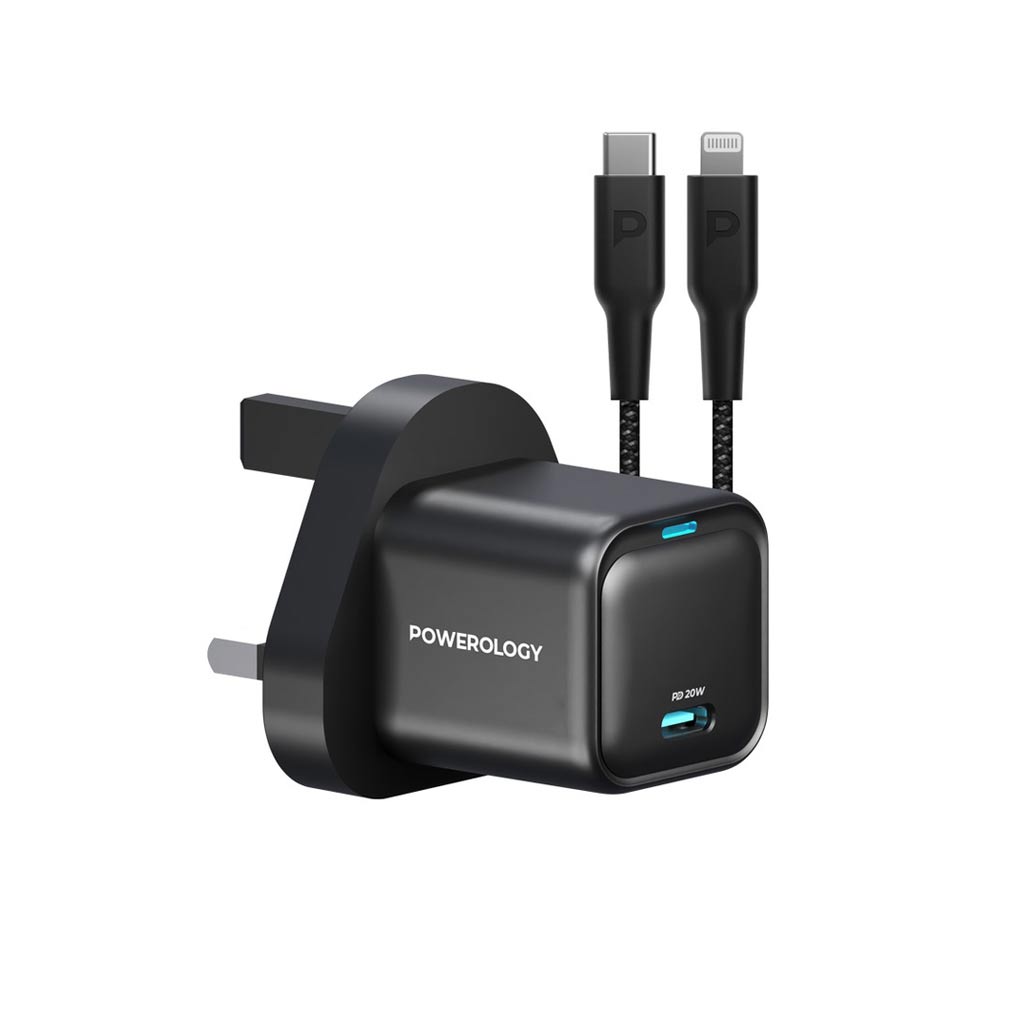 POWEROLOGY ULTRA COMPACT GAN CHARGER WITH USB-C TO LIGHTNING CABLE 1.2M  PD 20W BLACK PWCUQC016-L