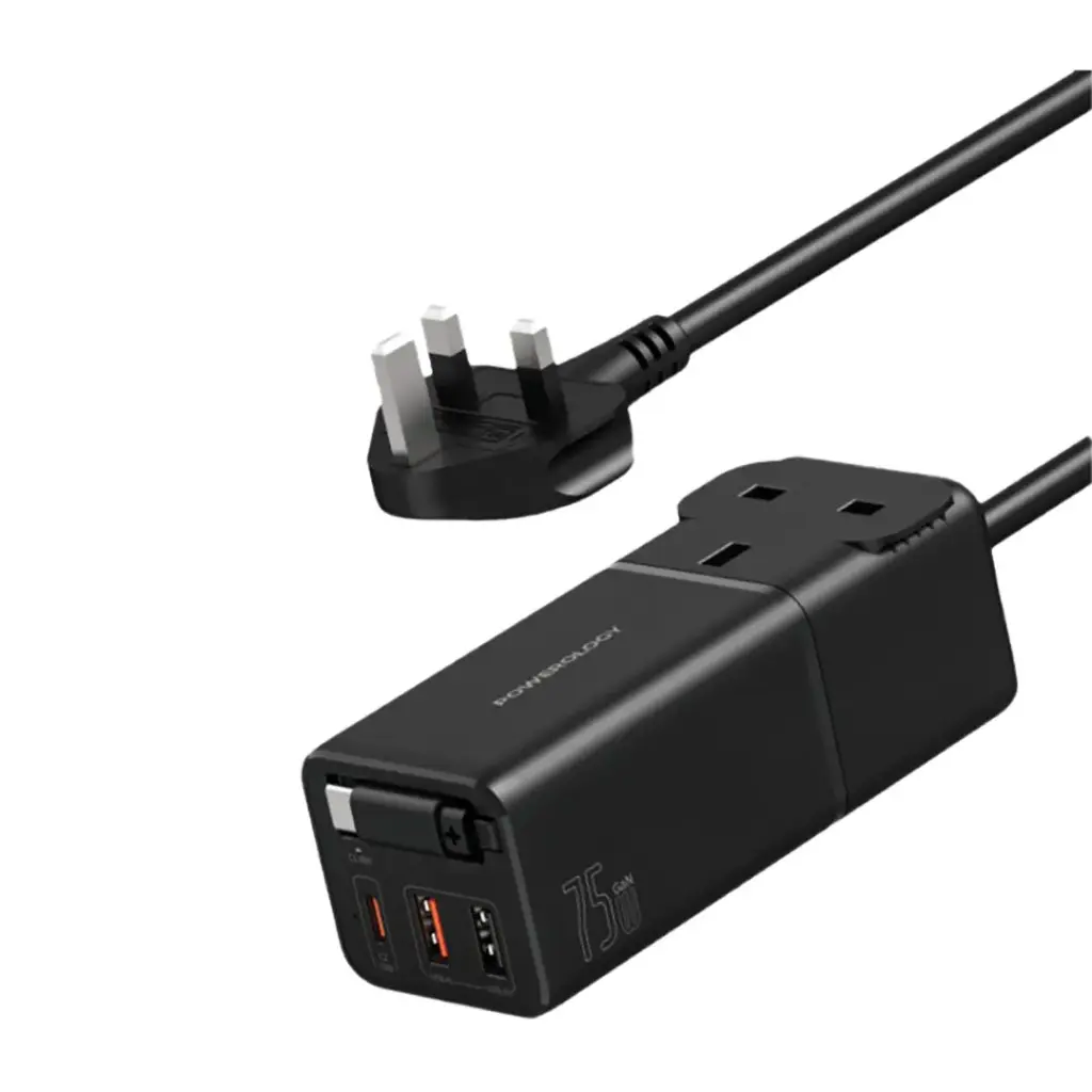 POWEROLOGY GAN 75W 3250W DESKTOP CHARGING STATION BUILT IN TYPE C CABLE BLACK PWCUQC040