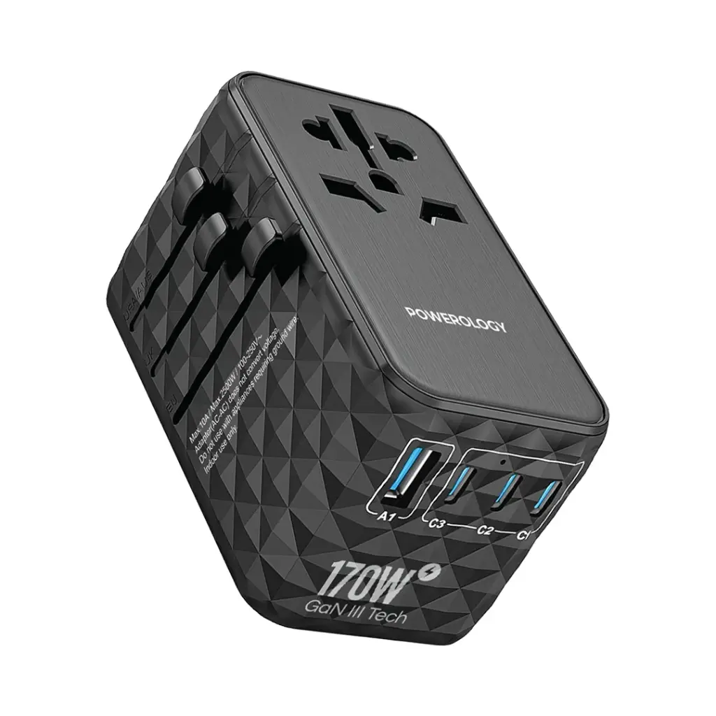 POWEROLOGY GAN 170W UNIVERSAL CHARGER 4 PORTS FAST CHARGING PLUS AC BLACK PWCUQC042