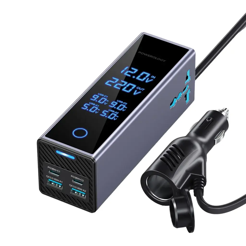 POWEROLOGY 2AC SOCKET CAR POWER INVERTER 300W PD36W BLACK PWCUQC044