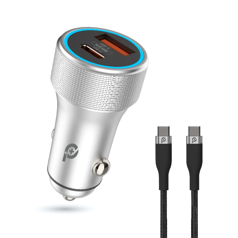 POWERO PLUS 48W POWER EXTREME DUAL PORT CAR CHARGER WITH TYPE C TO TYPE C CABLE PD30W GREY PR-CCPD48CC-GY