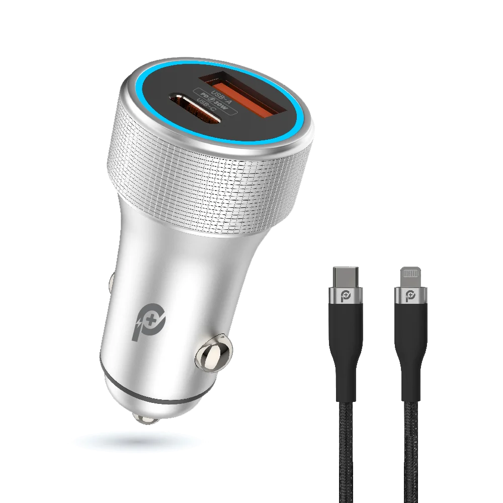 POWERO PLUS 48W POWER EXTREME DUAL PORT CAR CHARGER WITH TYPE C TO LIGHTNING CABLE PD30W GREY PR-CCPD48CC-GY