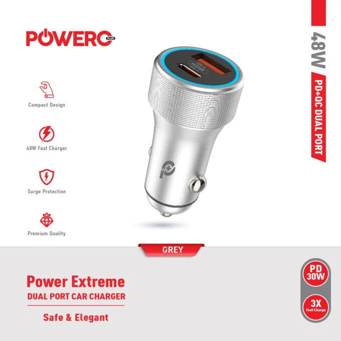 POWERO PLUS 48W POWER EXTREME DUAL PORT CAR CHARGER PD30W GREY PR-CCPD48-GY thumbnail 3