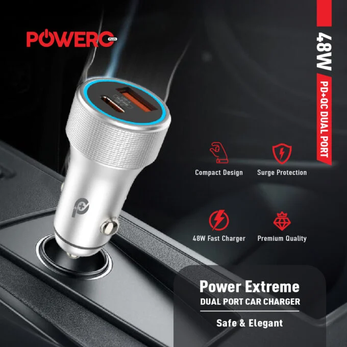 POWERO PLUS 48W POWER EXTREME DUAL PORT CAR CHARGER PD30W GREY PR-CCPD48-GY thumbnail 2