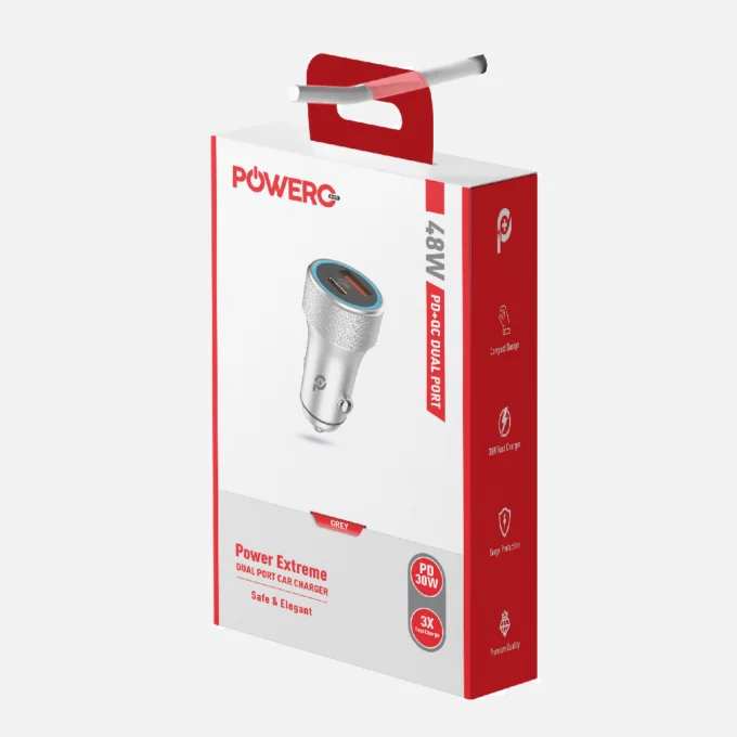 POWERO PLUS 48W POWER EXTREME DUAL PORT CAR CHARGER PD30W GREY PR-CCPD48-GY thumbnail 4