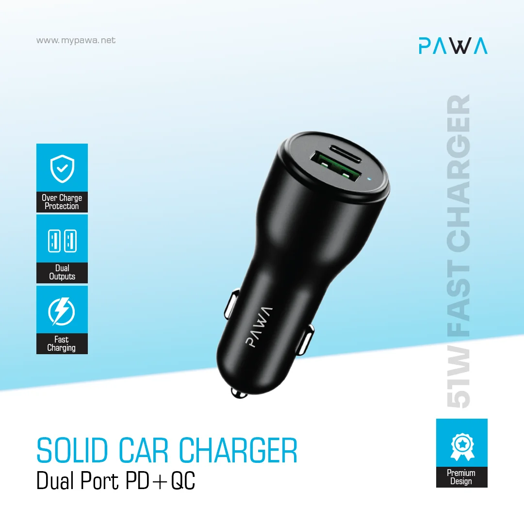 PAWA SOLID CAR CHARGER DUAL PORT PD+QC 51W BLACK PW-CC51WCA5-BK thumbnail 5