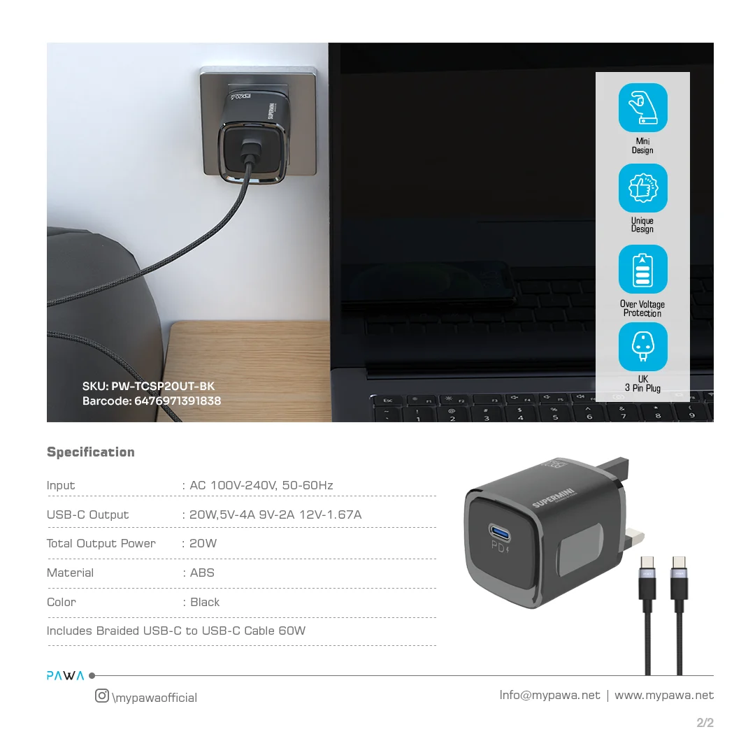 PAWA SUPERMINI TRAVEL CHARGER TYPE C PORT PD20 WITH BRAIDED TYPE C CABLE BLACK PW-TCSP20UT-BK thumbnail 4