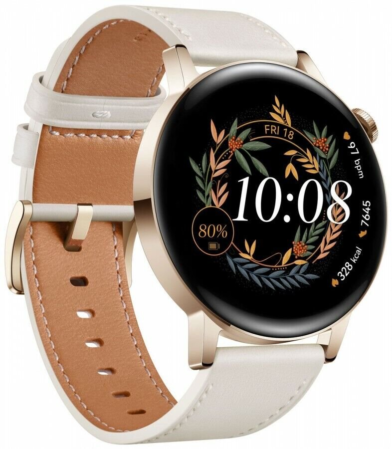 HUAWEI WATCH GT3 42MM STAINLESS STEEL CASE GOLD WITH WHITE LEATHER STRAP MIL-B19