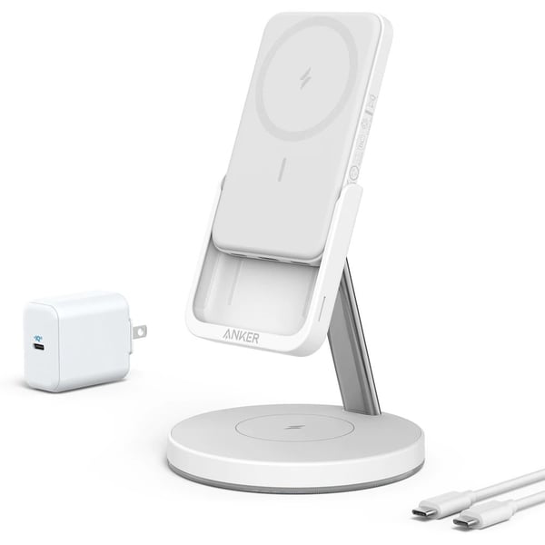 Anker 633 Magnetic Wireless Charger – Foldable MagGo Stand with 5,000 mAh Battery & 25 W USB‑C, White (B25A7221)