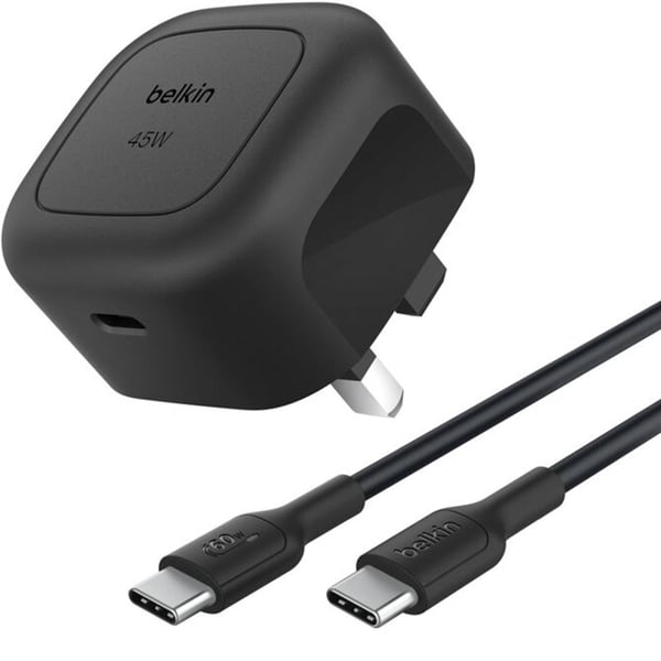BELKIN BOOST CHARGE COMPACT USB C WALL CHARGER 45W WITH USB C TO USB C CABLE BLACK WCA013MY1MBK-06