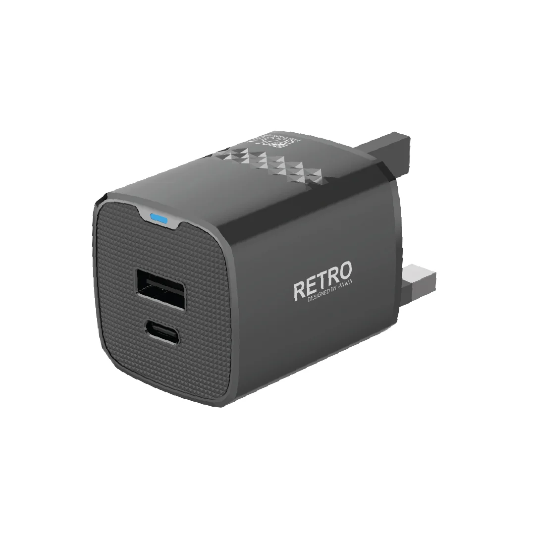 PAWA RETRO 25W WITH PD-QC PORT UK PLUG WITH TYPE C TO TYPE C CABLE BLACK PW-TR225UKT-BK