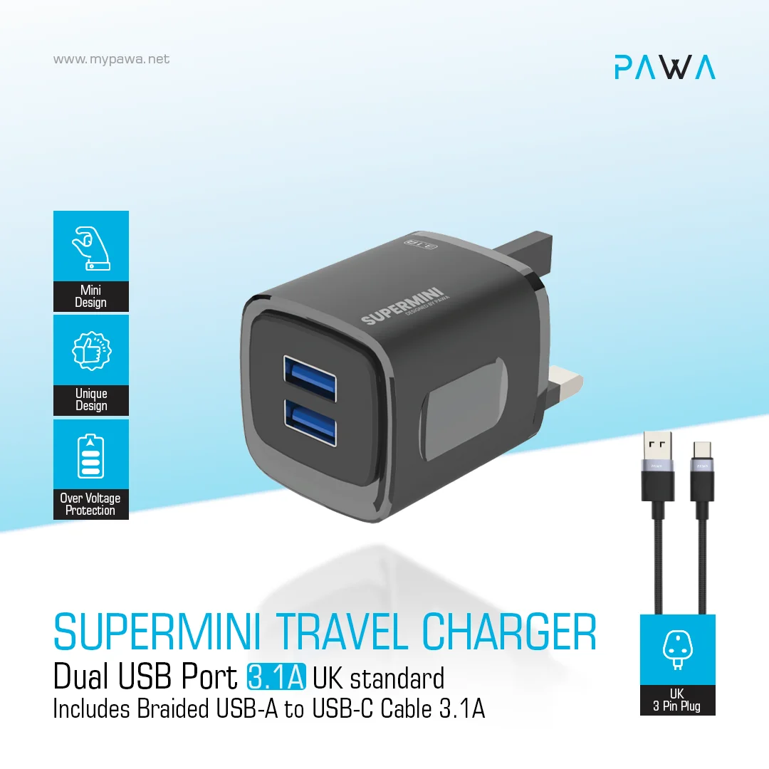 PAWA SUPERMINI TRAVEL CHARGER DUAL USB 3.1A WITH BRAIDED TYPE C CABLE BLACK PW-TCSP3UKT-BK thumbnail 3