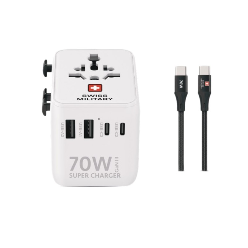 SWISS MILITARY 70W TRAVEL ADAPTER GAN II SUPER CHARGER WITH USB C TO USB C CABLE WHITE SM-TC-70W-GAN-MINI-WLD-WHITE