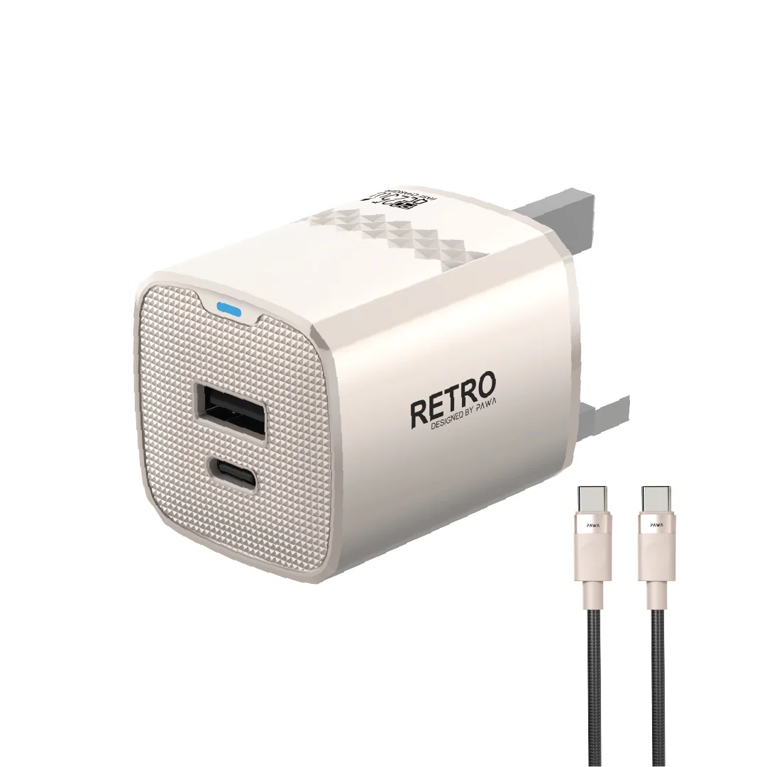 PAWA RETRO 25W WITH PD-QC PORT UK PLUG WITH TYPE C TO TYPE C CABLE TITANIUM PW-TR225UKT-TT