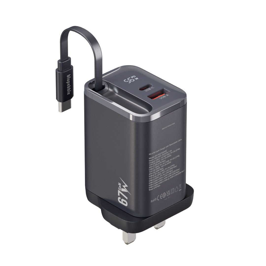 BLUPEBBLE POWERCORE 67W 2 PORTS PD GAN FAST CHARGER PD67W WITH LED INDICATOR BLACK BP-PD67GANRC-BK