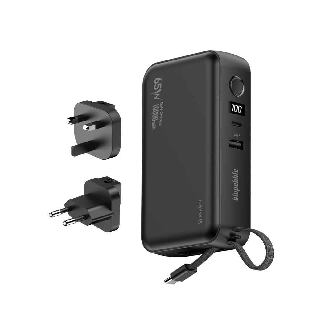 BLUPEBBLE LINKPOD 65W 10000MAH POWER BANK+GAN CHARGER WITH RETRACTABLE CABLE BLACK BP-PBLNKPD65-BK