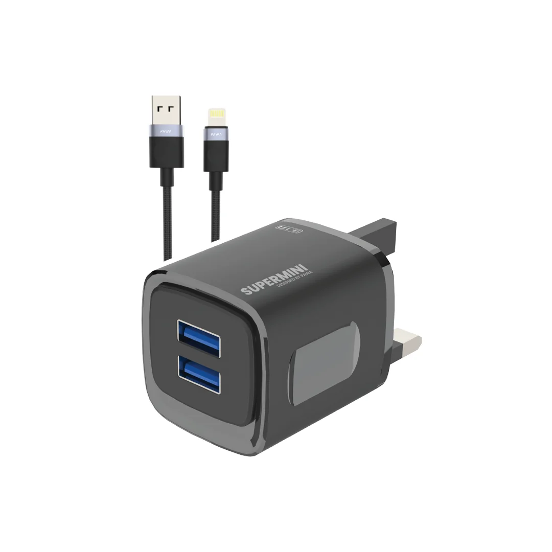 PAWA SUPERMINI TRAVEL CHARGER DUAL USB 3.1A WITH BRAIDED TYPE C CABLE BLACK PW-TCSP3UKT-BK