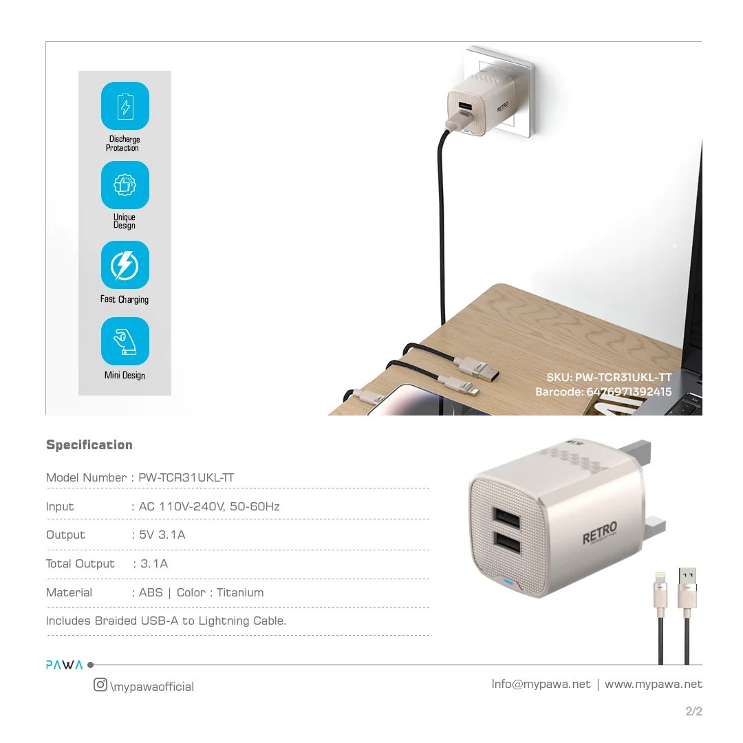 PAWA RETRO 3.1A DUAL USB UK CHARGER WITH USB A  TO LIGHTING CABLE TITANIUM PW-TCR31UKL-TT thumbnail 4