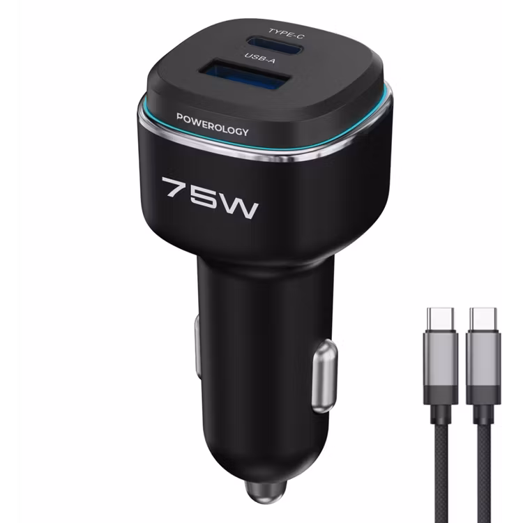 POWEROLOGY 75W DUAL PORT HIGH POWER CAR CHARGER WITH TYPE C CABLE BLACK/GRAY PCCSR024BKGYC