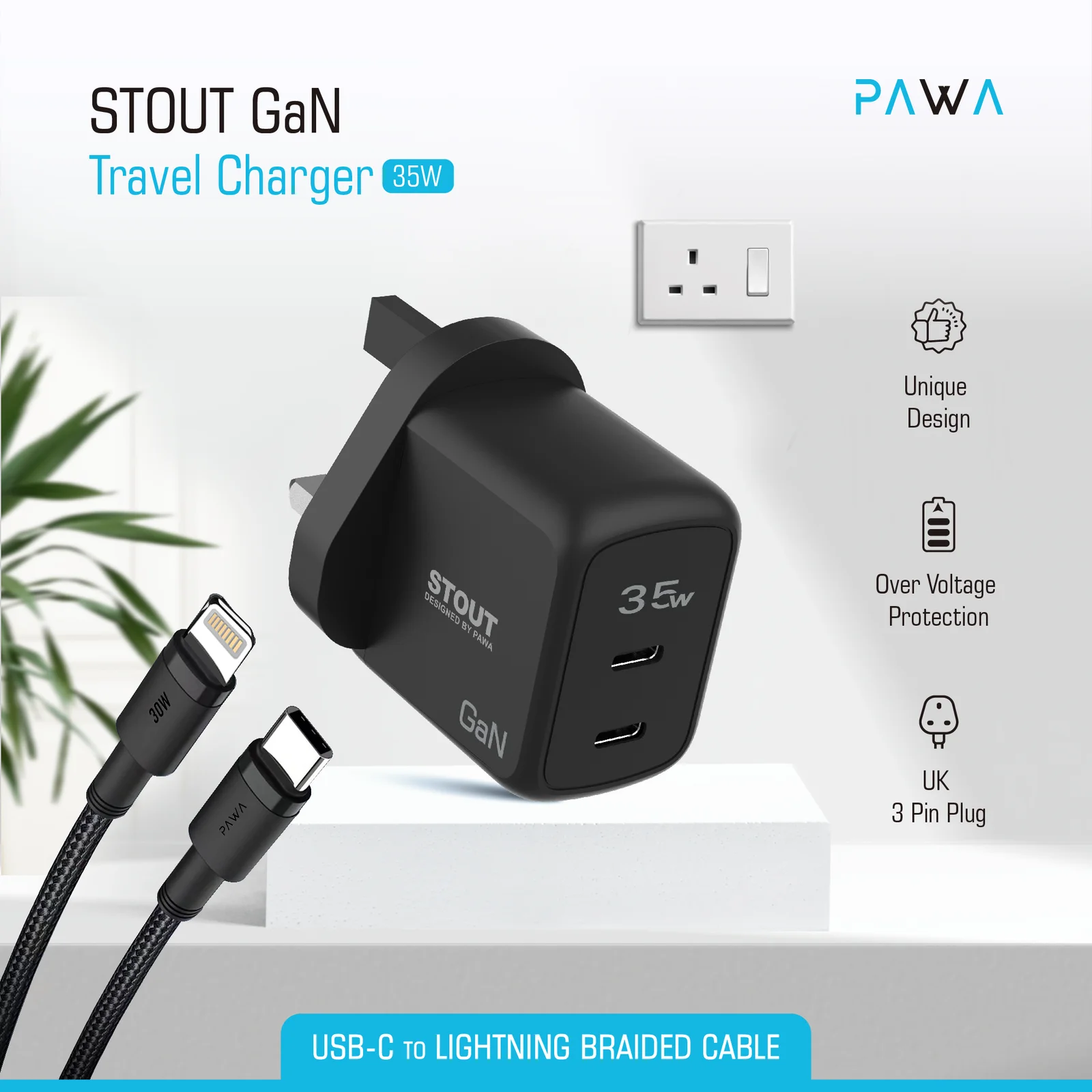 PAWA STOUT GAN TRAVEL CHARGER WITH DUAL PD PORT 35W UK STANDARD BLACK PW-GN35UK-BK thumbnail 2