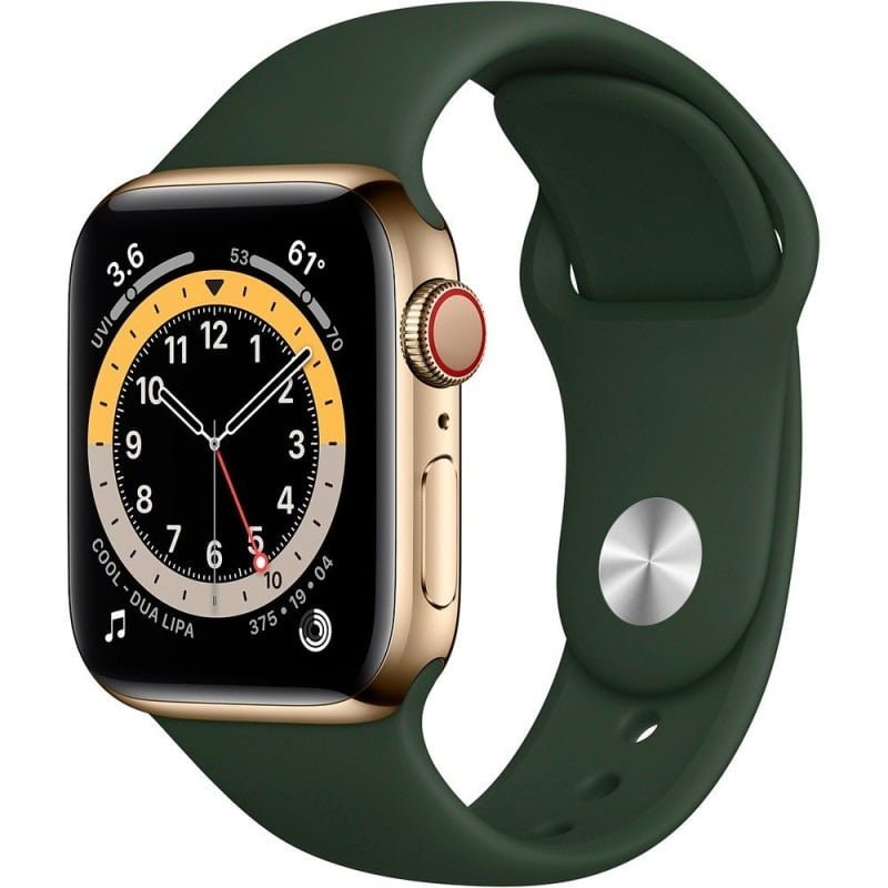 APPLE WATCH SERIES 6, GPS+CELLULAR, 44MM GOLD STAINLESS STEEL CASE WITH CYPRUS GREEN SPORT BAND M07N3