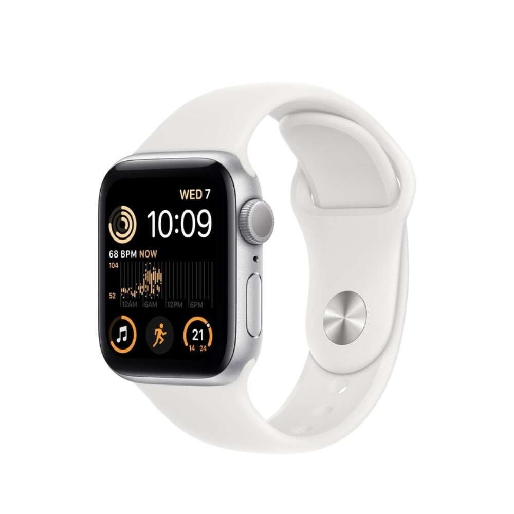 APPLE WATCH SE GPS 44MM SILVER ALUMINIUM CASE WITH WHITE SPORT BAND MNK23