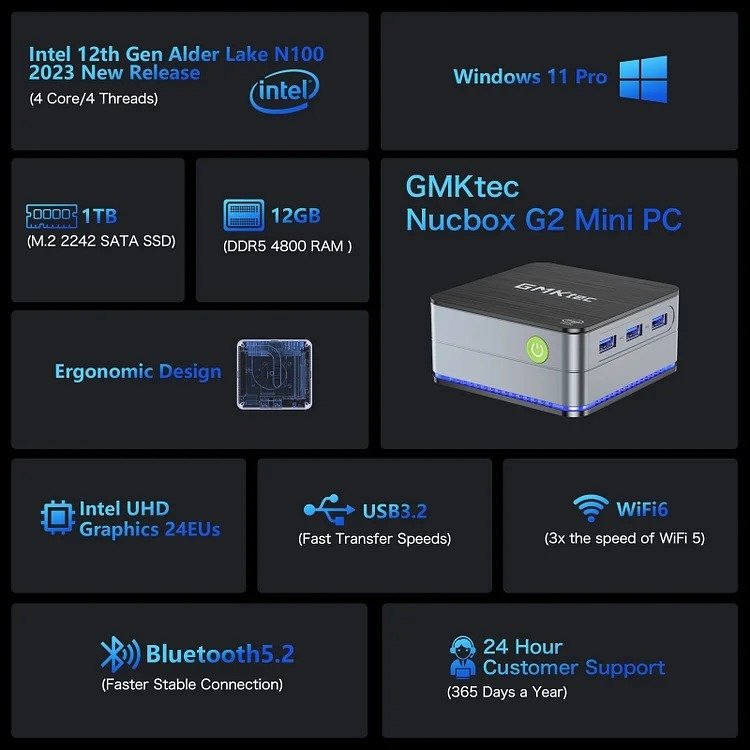 GMKtec Mini PC Intel N100 12th Gen - 12GB/512GB SSD, Win 11 Pro - NUCBox-G2 thumbnail 9