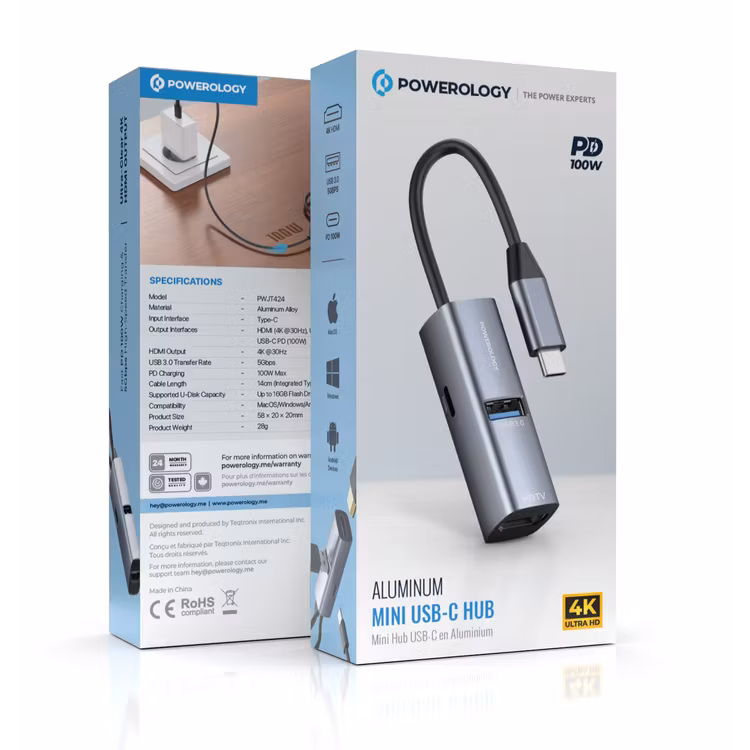 POWEROLOGY ALUMINUM MINI USB-C HUB PD100W BLACK PWJT424BK