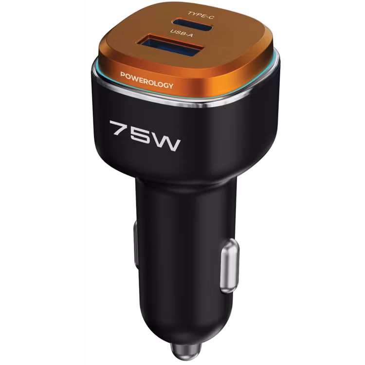 POWEROLOGY 75W DUAL PORT HIGH POWER CAR CHARGER BLACK/ORANGE PCCSR024BKOG